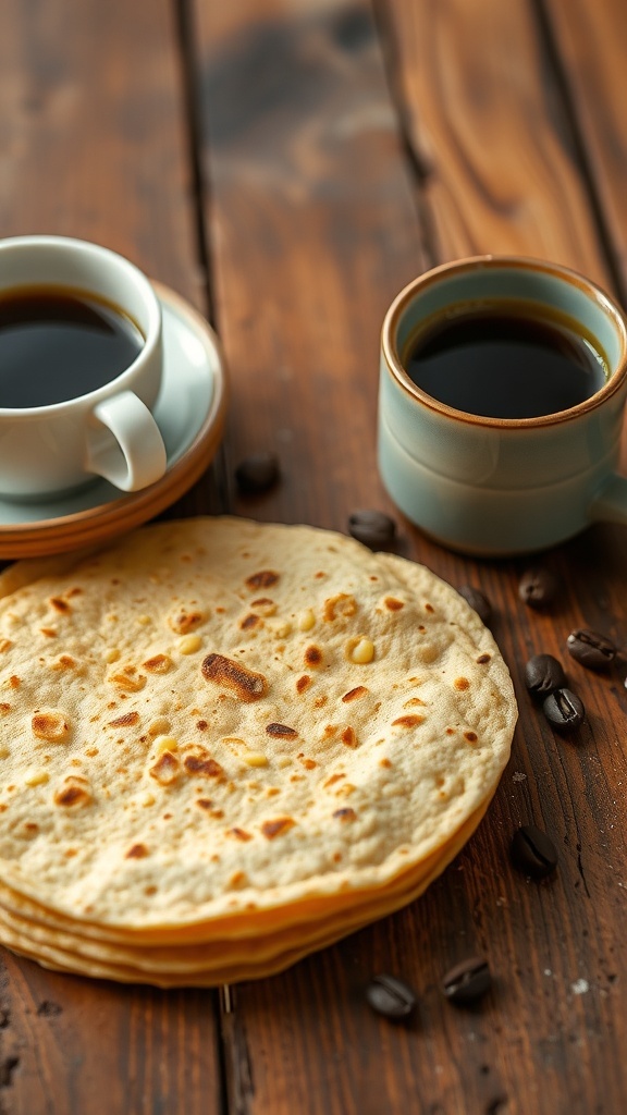 Freshly made corn tortillas stacked on a table with a cup of coffee.